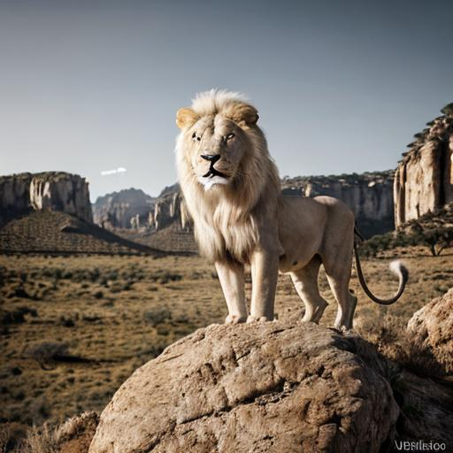 Prompt: Realistic illustration of a majestic white lion, detailed rock formation, African savanna backdrop, high quality, ultra-realistic, detailed fur, intense gaze, rocky terrain, wildlife, very high rock, safari, warm tones, professional, natural lighting, lion in distance, white lion