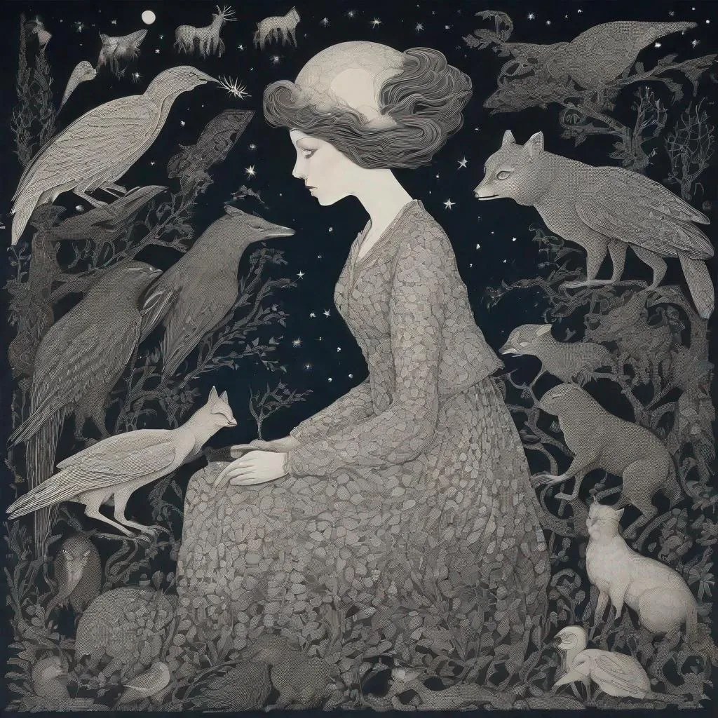 Prompt: She is a night girl with night animals style of Nicholas Hughes, Genevieve Godbout, Morris Hirshfield, Robert Gillmor, Amy Giacomelli. Extremely detailed, intricate, beautiful, 3d, high definition 