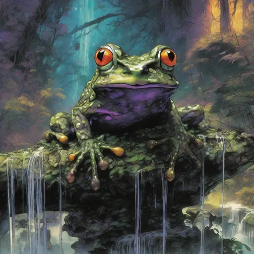 Prompt: Double-exposure; high-angle glossy vietnamese_mossy_frog cross with amphibious_dragon, waterfalls, intense blacks, nighttime; sepia, amber, golden brown, blue-grey, green, cold purple neon light; sergio toppi, jae lee, david mack, joe chiodo, humberto ramos, Makoto Shinkai, J.C. Leyendecker, ilya Kuvshinov, Royo, Karol Bak, Alphonse Mucha, Jordan Grimmer, Greg Rutkowski