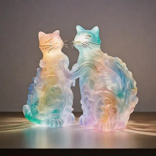 Prompt: The artwork features two lively jelly cat sculptures locked in a tender embrace. Crafted from translucent jelly and illuminated with backlighting, the sculptures radiate against a muted backdrop, offering a captivating display of luminous jelly art