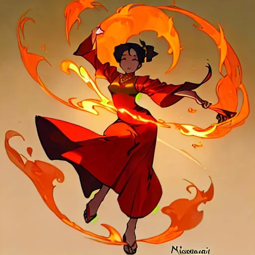 Prompt: Art Noveau by Muccia,  Vietnamese lady, Khon flame dancer,  Art Noveau  muccia illuminated by firey moonlight.