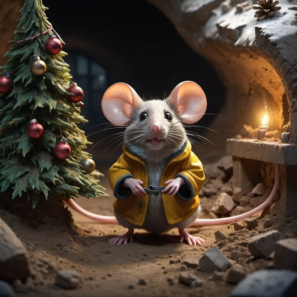 Prompt: Family mouse in its underground construction, Christmas Eve, Christmas tree, scene environment, trending on artstation, sharp focus, studio photo, intricate details, highly detailed, by greg rutkowski