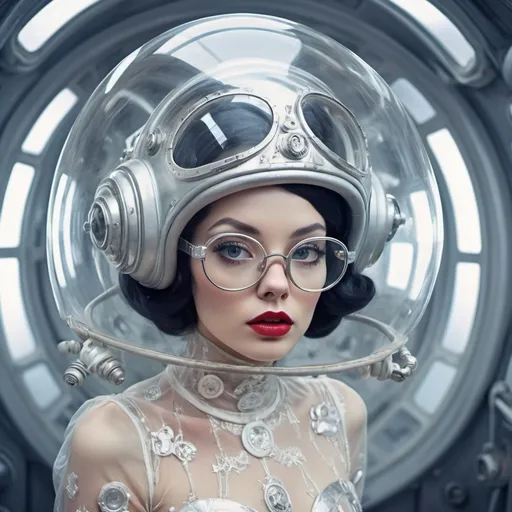 Prompt: Photography in a vintage Sci Fi transparent space ship, 60'S gorgeous astronaut woman in a silver satin astronaut space laces dress, wearing a large transparent plexiglass mickey mouse helmet glasses, 80 degree view, art by Sergio Lopez , Natalie Shau, james jean and salvador dali