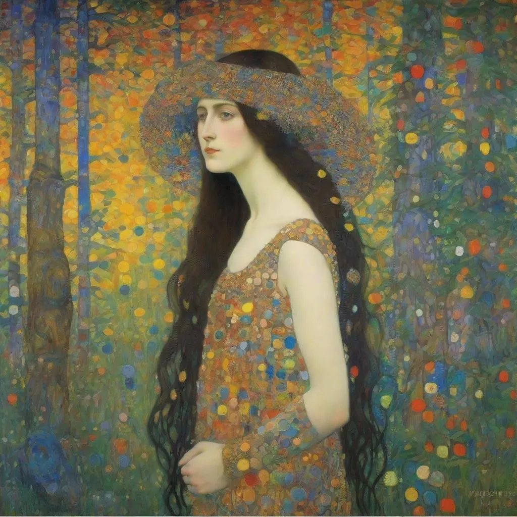 Prompt: The beautiful young lady, She comes in colors everywhere She combs her hair She's like a rainbow Coming, colors in the air Oh, everywhere She comes in colors, Gustav Klimt, Carboniferous Forest