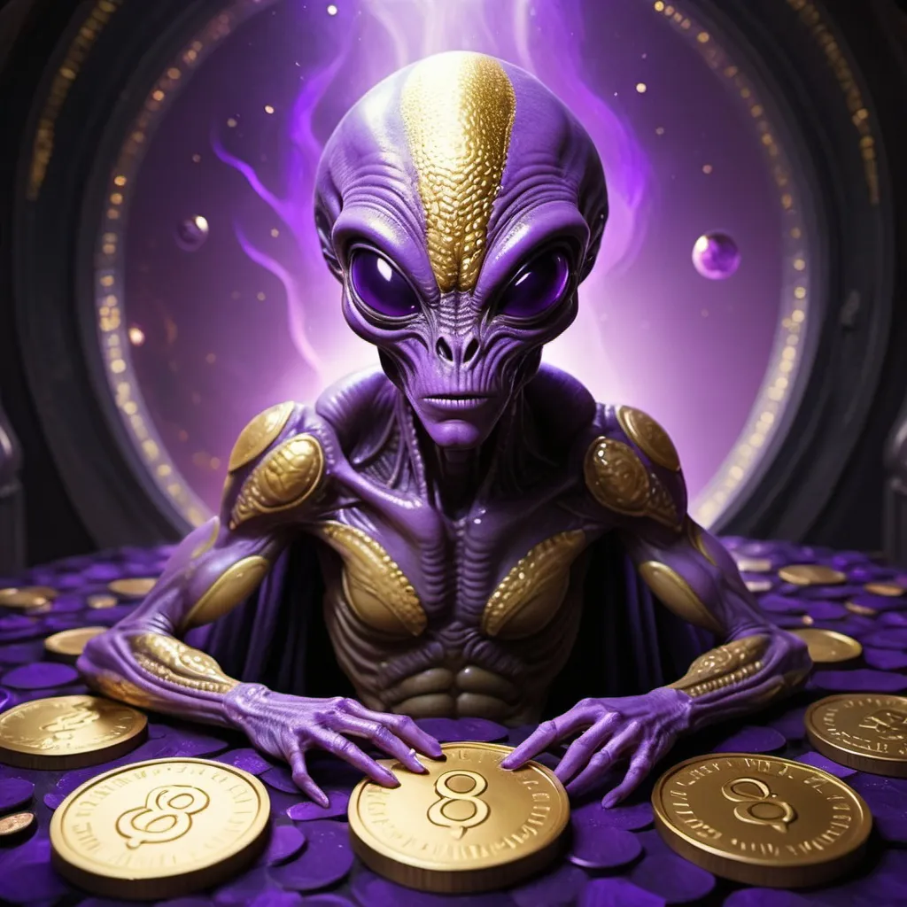 Prompt: Alien in vivid purples covered in gold coins and a hex aura surrounds them menacingly, masterpiece, best quality