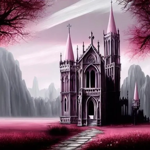 Prompt: Gothic style painting with pink and white with landscapes 