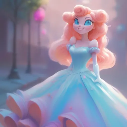 Prompt: Digital style painting, Princess Peach, style of Pixar, blue eyes, pink dress, Fragonard, highly-detailed, cinematic, washed out palette, soft pastel color palette, light trails, sunny day, translucent, iridescent, long hair, arms visible, perfect composition, hyperrealistic, super detailed, 8k, high quality, sharp focus, intricate details, highly detailed, dynamic lighting, detailed and intricate environment, highest quality