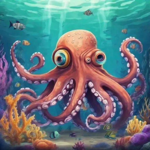 Prompt: Giant octopus on the bottom of the sea, some tropical fish in background, Fantasy, Cartoon film style