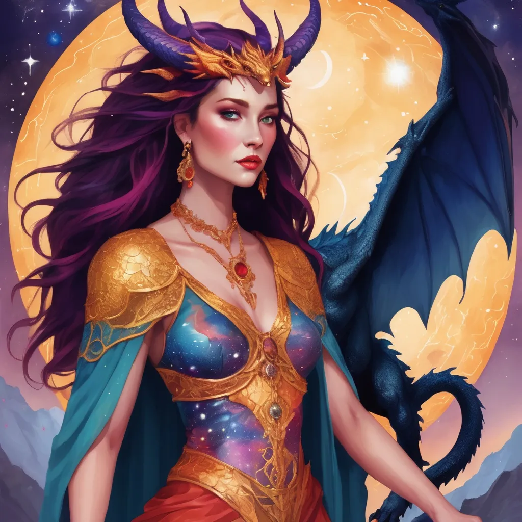 Prompt: A colourful and beautiful Persephone, she is a dragon woman, with scales for skin, horns and gold and gems for hair with a dragon tail, in a painted style. Standing with her is a Griffin. Framed by constellations and the moon