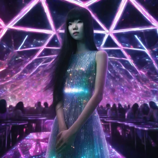 Prompt: Photorealistic Sadako Yamamura in a diamond dress in a Glowing cosmic rave venue.