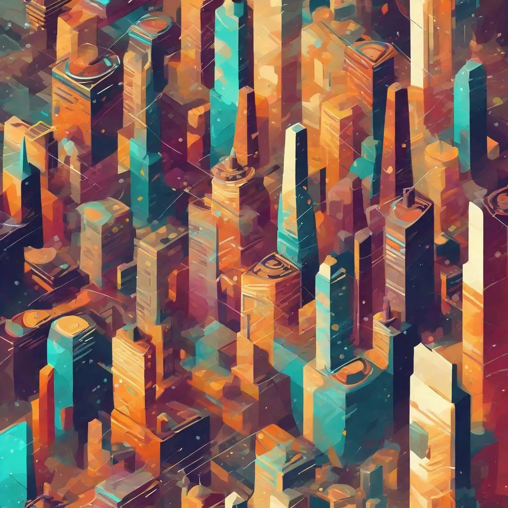 Prompt: abstract cityscape, in the style of colorful solution, ancient futurism 