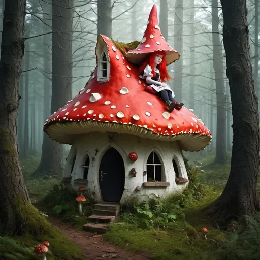 Prompt: fly agaric witch house, forest, witch with red hair