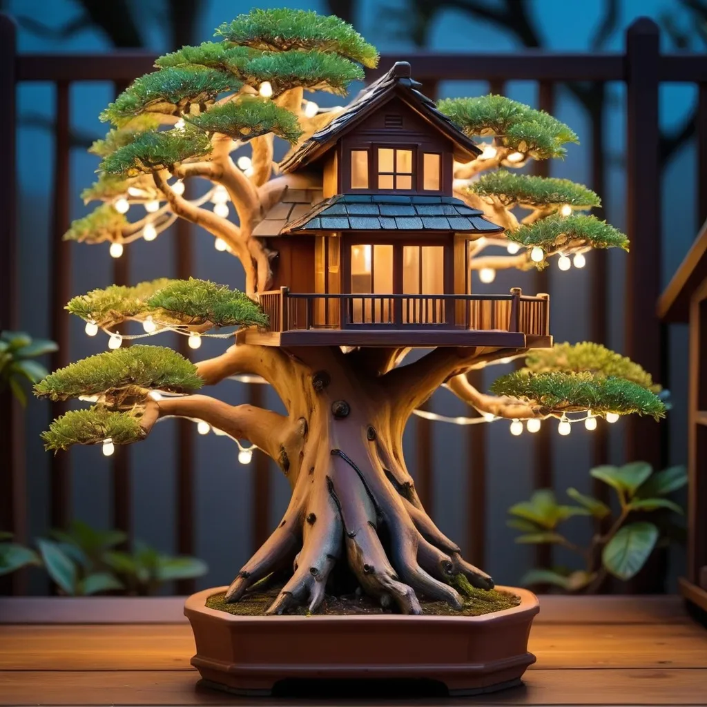 Prompt:  Bonsai with a wooden tree house with string lights at night
