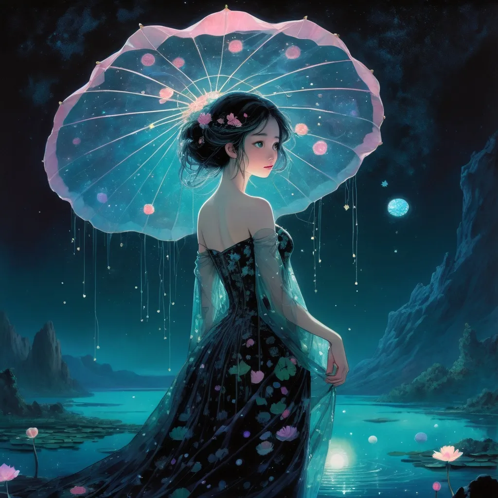 Prompt: beautiful girl, pixar, Yoshitaka Amano, midnight, lake, bioluminescent, veils, intricate frock, stars, silk, lilypads, nebula, galaxy, luminous, soft light, teal, pink, black