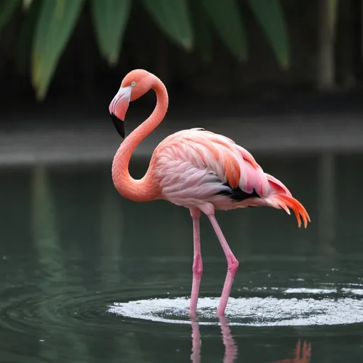 Prompt: standing in water on (((cradles a bent paw))), one black flamingo