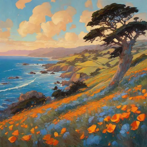 Prompt: Scenic Landscape, Rolling Coastal hills, California Poppies, Baby's-Blue-Eyes Flowers, windblown cypress tree, jagged coastline, small coastal village, crashing waves, ocean, sunset, puffy clouds, hyperdetailed, Erin Hanson, Donato Giancola, Nicolas de Stael, cinematic lighting, long shadows
