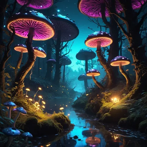 Prompt: Night forest. Glowing mushrooms grow on trees. Fireflies are flying everywhere.
Sparkling fish swim in a huge river. A Cheshire cat froze in the middle of the sky., neon ambiance, abstract black oil, gear mecha, detailed acrylic, grunge, intricate complexity, rendered in unreal engine, photorealistic