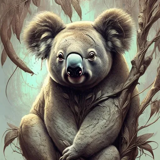Prompt: ancient Koala,  highly detailed, intricate motifs, organic tracery, perfect composition, digital painting, artstation, concept art, smooth, sharp focus, illustration, Carne Griffiths, pixar, Victo ngai, Jean Baptiste Monge, shiny aura, old but robust, bright but deep 