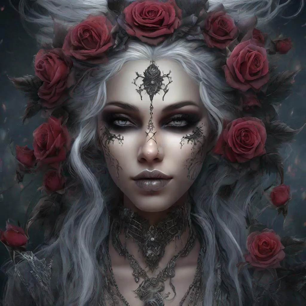 Prompt: DucHaitenNiji, mdjrny-v4 style hyper detailed beautiful dark fairy, silver hair, hyper focused, with glitter black, dead roses, bones laying haphazardly, dark colors, ominous, intricate extremely detailed fantasy intricate elegant portrait detailed face coherent face highly detailed digital painting keith garvey Diego Gisbert Llorens fantasy, hyper realistic, intricate detail, dark moody aesthetic, deep highlights and low lights, shadows, contrast