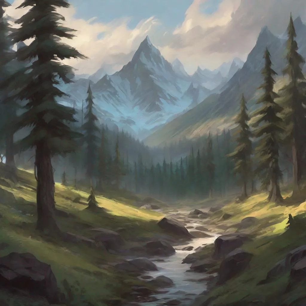 Prompt: taiga landscape, mountains, northern forest, artistic, magic the gathering art style