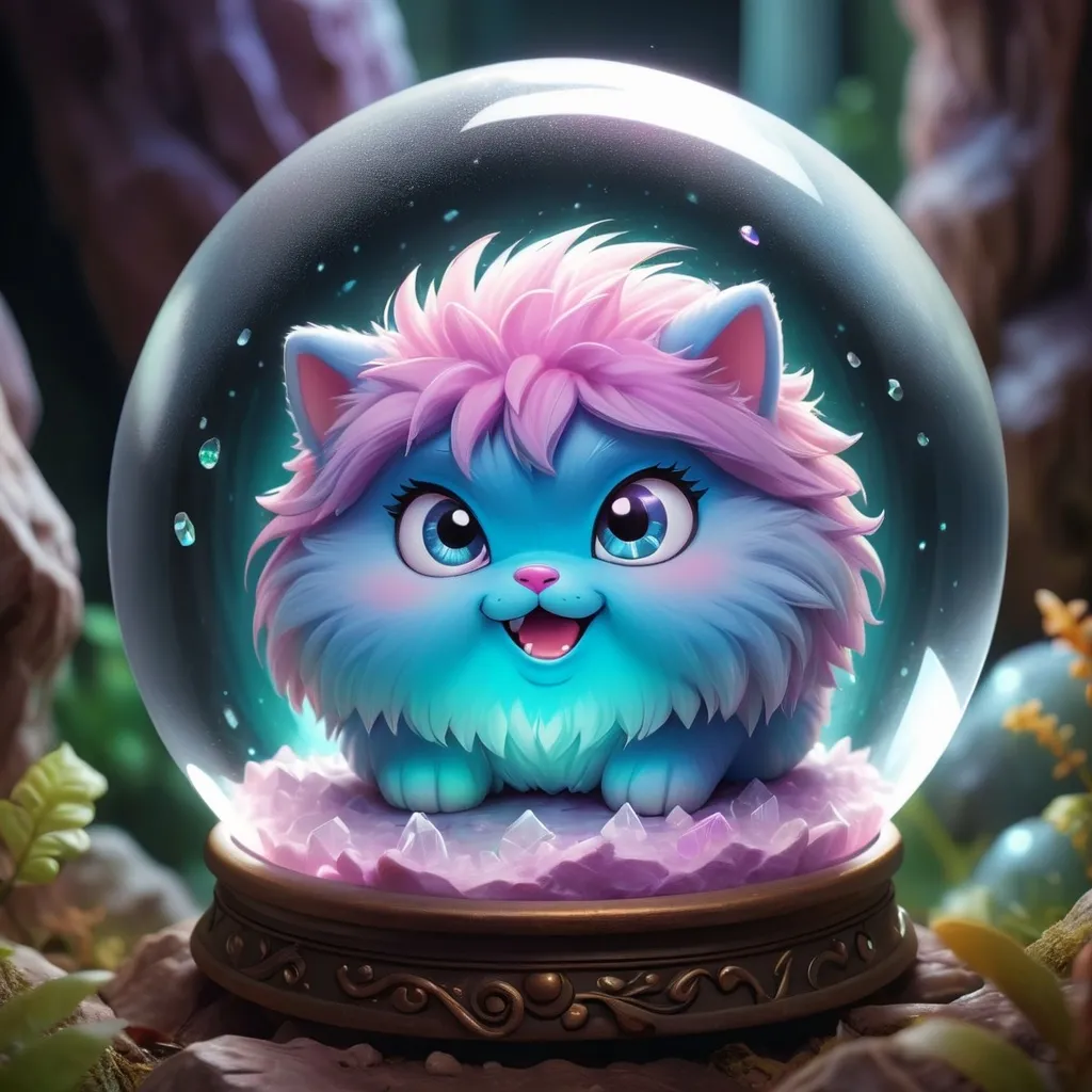 Prompt: Fluffy cute crystal ball glowing with magical energys and oozing with fluffs, background crystal cave,