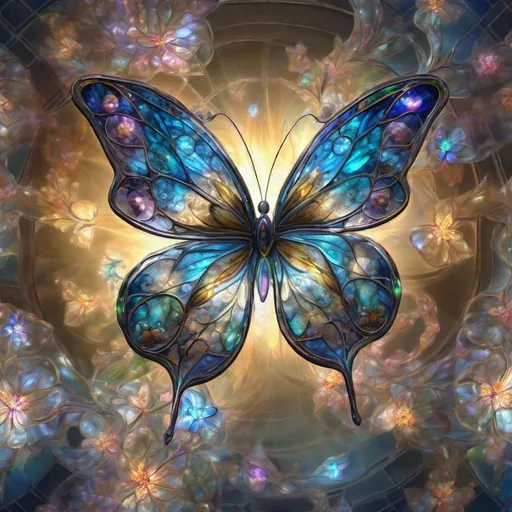 Prompt: a luminous transparent stained glass butterfly, flowers, bubbles, extreme detail, 4k, ultra hd, fantasy art, fractal art, digital painting, radiant, hyper-detailed