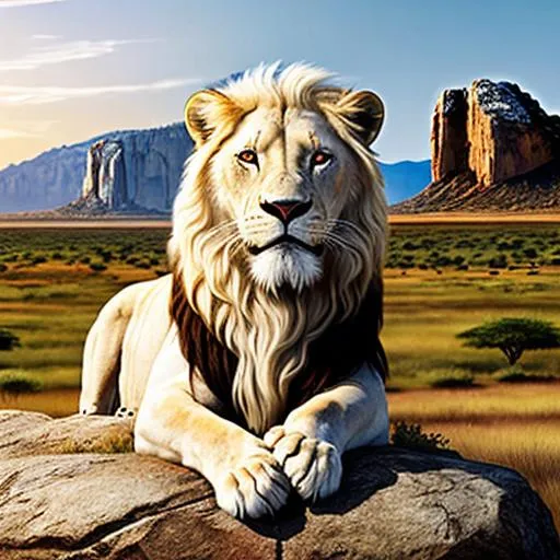 Prompt: Realistic illustration of a majestic white lion, detailed rock formation, African savanna backdrop, high quality, ultra-realistic, detailed fur, intense gaze, rocky terrain, wildlife, very high rock, safari, warm tones, professional, natural lighting, lion in distance, white lion