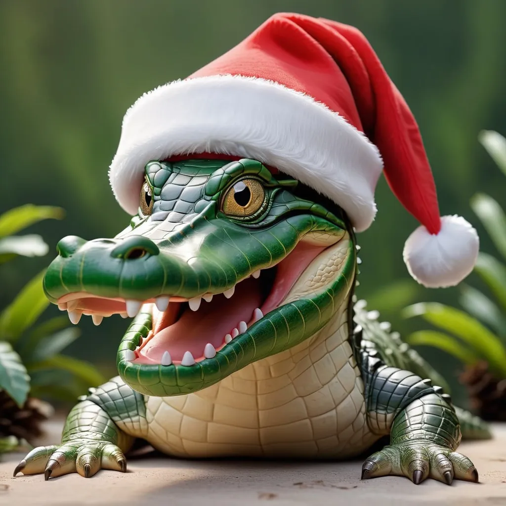 Prompt: An actual alligator wearing a Santa hat, realistic and cute