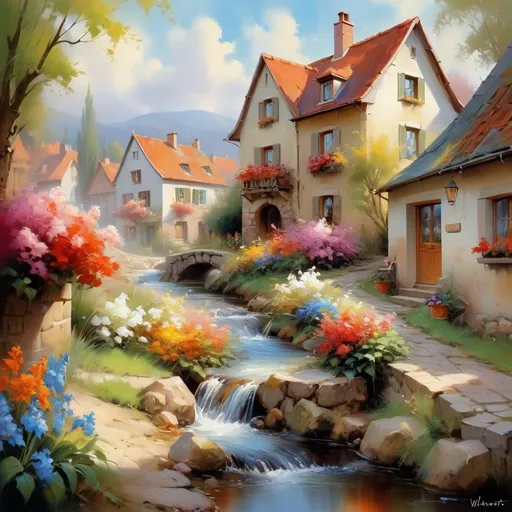 Prompt: highly detailed beautiful painting landscape, vintage style, vibrant colors kinkade flowers, film composition, digital painting, elegant, beautiful, high detail, by Willem Haenraets, Bubbling brook, small stream, Small European town, Small European village