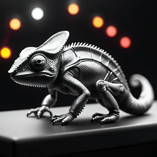 Prompt: small chameleon, metallic and sleek design, futuristic sci-fi style, intense black and white color scheme, sparkling neon lights, miniature scale, highres, ultra-detailed, sci-fi, futuristic, metallic sheen, intense color scheme, miniature scale, neon lights, detailed design, professional, atmospheric lighting