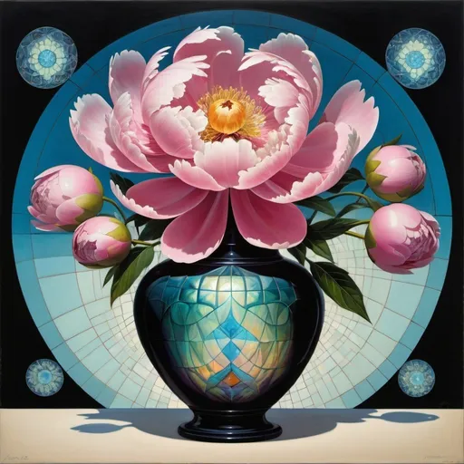 Prompt: Surreal painting by Slava Fokk, peony-centered composition in a decorative vase, glowing with iridescent opal light, complimented by a backdrop of simple fractal tiling, with influences from Lalique, Sidney Hutter, Ernst Haeckel, Tiffany, Ivana Mašitová, Jack Storms, Carol Milne, Jean-Pierre Canlis, incorporating styles of Jacob Lawrence and Francis Picabia, embodies a vision of bliss, minimal