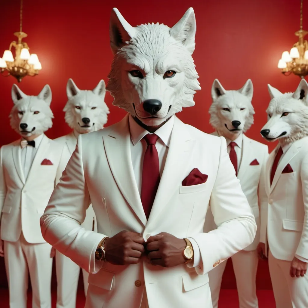 Prompt: Award - Winning Cinematic Still of wolf-Headed body guard posing and wearing Fashionable white Suit. Colorful. Wes Anderson. 8k