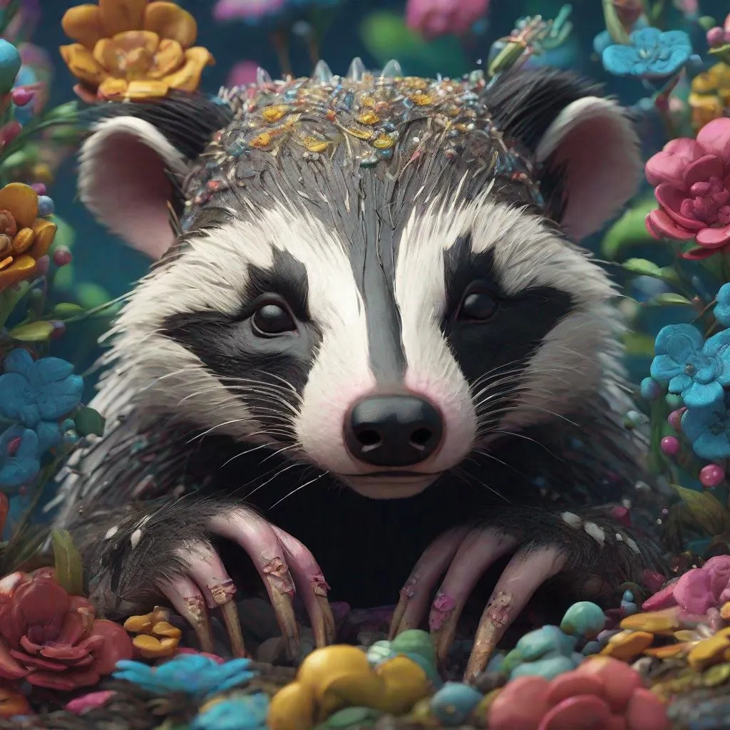 Prompt: little cheeky badger, perfectly styled, 
cartoon,
fantasy,
great colors,
ai art,
great to look at,
detailed,
insane,
greg rutkowski,
perfect all around, Miki Asai Macro photography, close-up, hyper detailed, trending on artstation, sharp focus, studio photo, intricate details, highly detailed, by greg rutkowski