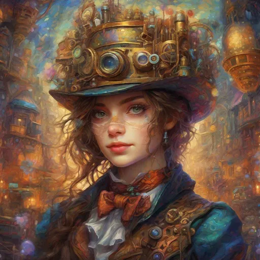Prompt: Epic post-impressionist art, steampunk theme, bohemian brocade, masterpiece, extremely detailed, Vivid and Unnatural Colors, dynamic brushstrokes, intricate composition, fantasy, wide angle, luminous, colorful painting, UHD, digital illustration, cute and adorable, Arthurian fantasy, Pointillism