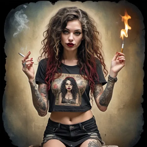 Prompt: The Australian female sheila, tattooed, dark messy zentangled long curly hair, ruby red lips, wearing ripped mini skirt, flip flops, metal rock t-shirt, flipping the bird, lit cigarette, smoking, feminine and quirky, whimsical magic realism, intricately detailed concept art masterpiece, grunge, encaustic, in the style of gdaymate