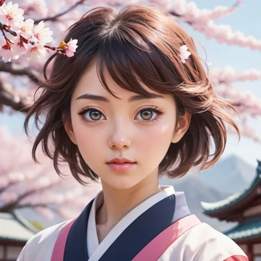 Prompt: Anime-style character, front-facing, large expressive eyes dominating the visage, hair cascading in vibrant waves, stance exuding confidence, cherry blossoms adrift in the soft-focus background, traditional Japanese school uniform, high-key lighting, digital painting, ultra-clean lines, vibrant palette, 4K resolution