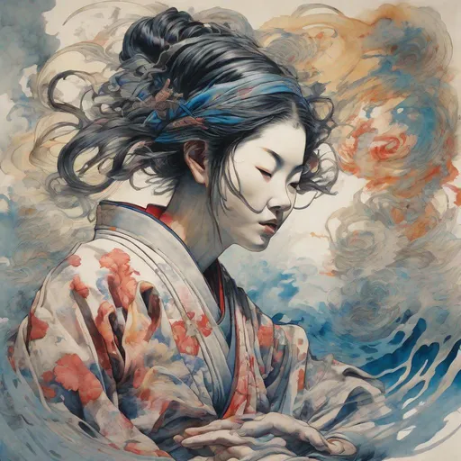 Prompt: "Japanese woman blindfolded, in meditation; Onmyōdō; liquid, ink, splatter, splash, by James Jean and Arthur Rackham, masterpiece intricately detailed 8k resolution maximalist, liquid fluid painting, watercolor art, calligraphy, action painting, complex, fantastical, dramatic flow, vibrant brush strokes, triadic colors"