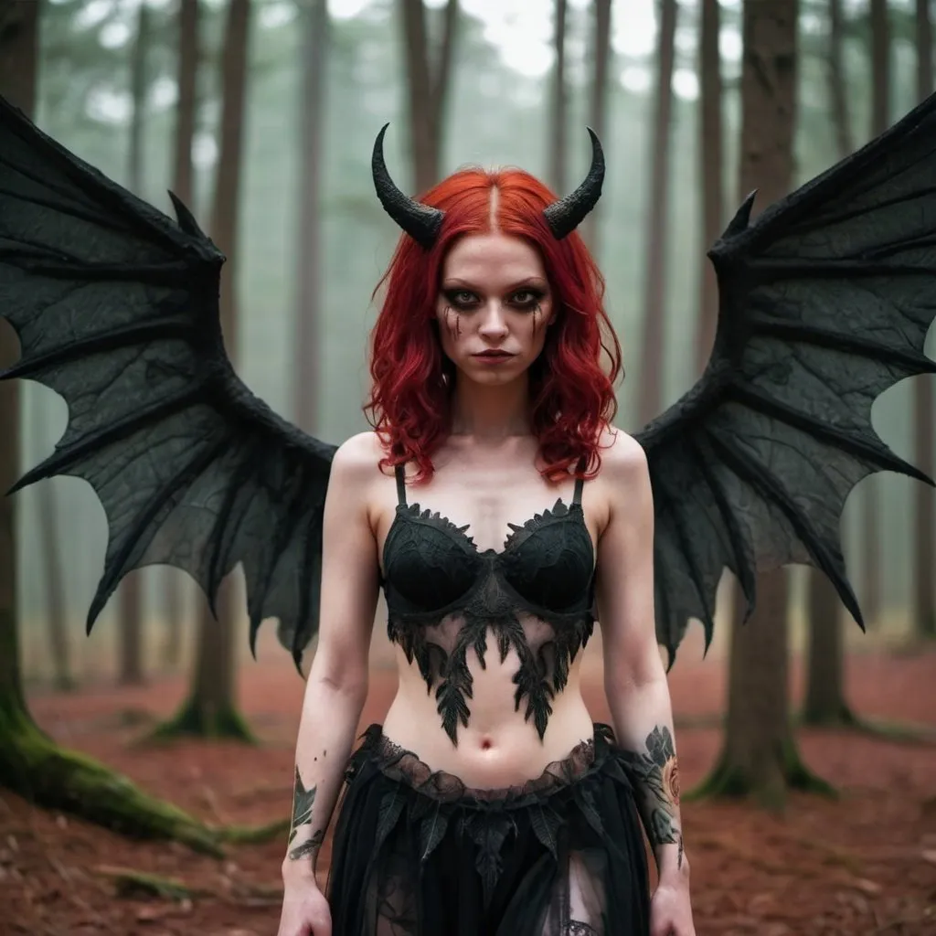 Prompt: female demon with wings and eerie red hair with forest in the background