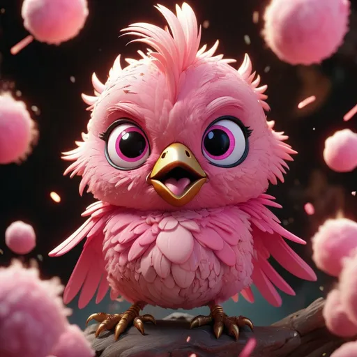Prompt: overdetailed close-up of a cute adorable furry chibi pink bird, explosion of pink, polychromatic, Michael Kaluta, Aleksandr Kuskov, Christophe Heughe, Adobe After Effects, Post-Production, SFX, detailed, intricate, maximalist, elegant, ornate, realistic, super detailed, serene, 16k resolution