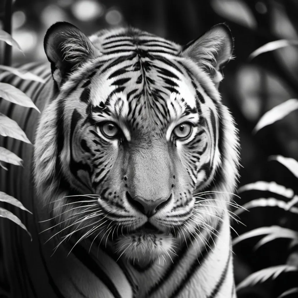 Prompt: Bengal tiger emerges, black and white palette, contrasts highlighting its striped coat, focused gaze, lush jungle underbrush background in shades of charcoal and ivory, wildlife photography style, ultra fine details, natural light.