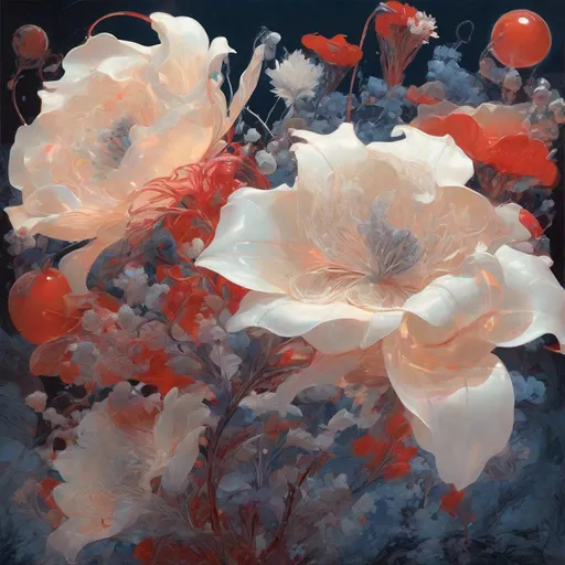 Prompt: Large blooming ((iridescent ((((lilies, white roses, poppies)))) by Fragonard, Sho Murase, Chen Su ))) indigo berry cream peach silver petals, glowing red translucent ((seed pods) by ((Noah Bradley, John Berkey)), (background theme) Twisted ancient fractal virus, glowing translucent ribbons, made of thin biological membrane, 3d textures, DNA,  infinite depth, galactic starfield, ultra realistic, high index of refraction, (bioluminescent sea angels) ((sparking fibre optic cables))((Chen Shu, J.R. Slattum, Howard David Johnson)) hyper realistic elegant smooth sharp clear edges, global illumination, smokey sky, fBm clouds, sunlight and shadows, sharp focus, wide angle perspective, cinematic, ultra realistic, sense of high spirits, electrical tension, sparks, global illumination, volumetric fog, volumetric lighting, occlusion, Houdini 128K UHD fractal, pi, fBm