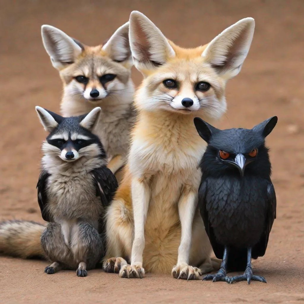 Prompt: fennec fox, raccoon and crow all sat together 