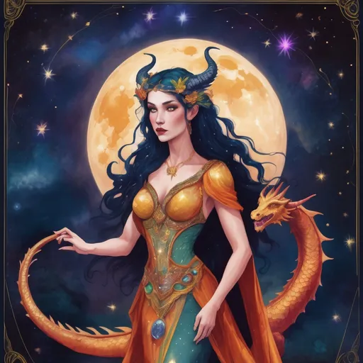 Prompt: A colourful and beautiful Persephone, she is a dragon woman, with scales for skin, horns and gold and gems for hair with a dragon tail, in a painted style. Standing with her is a Griffin. Framed by constellations and the moon