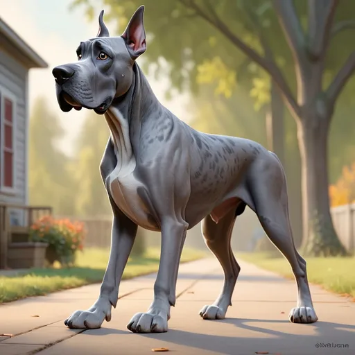 Prompt: Highly realistic side view of a walking grey Great dane, Pixar style, digital art, trending on art station