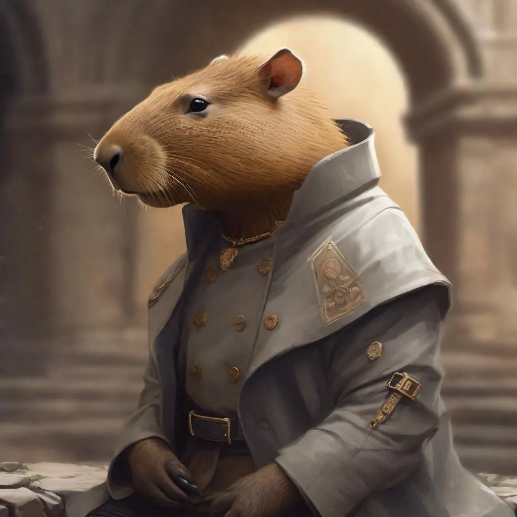 Prompt: ultra realistic capybara in trench coat illustration, beautiful Capybara humanoid in armor in typical clothing, sitting on ruins, intricate, elegant, highly detailed, digital painting, art station, concept art, sharp soft focus, illustration, 8k, art by Artgerm and Greg Rutkowski and alphonse muchacapy bara capybara