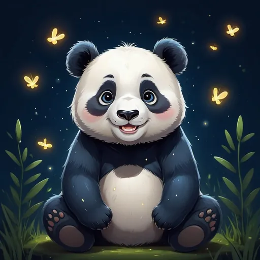 Prompt: A happy panda looking at the fireflies around her, dark blue style