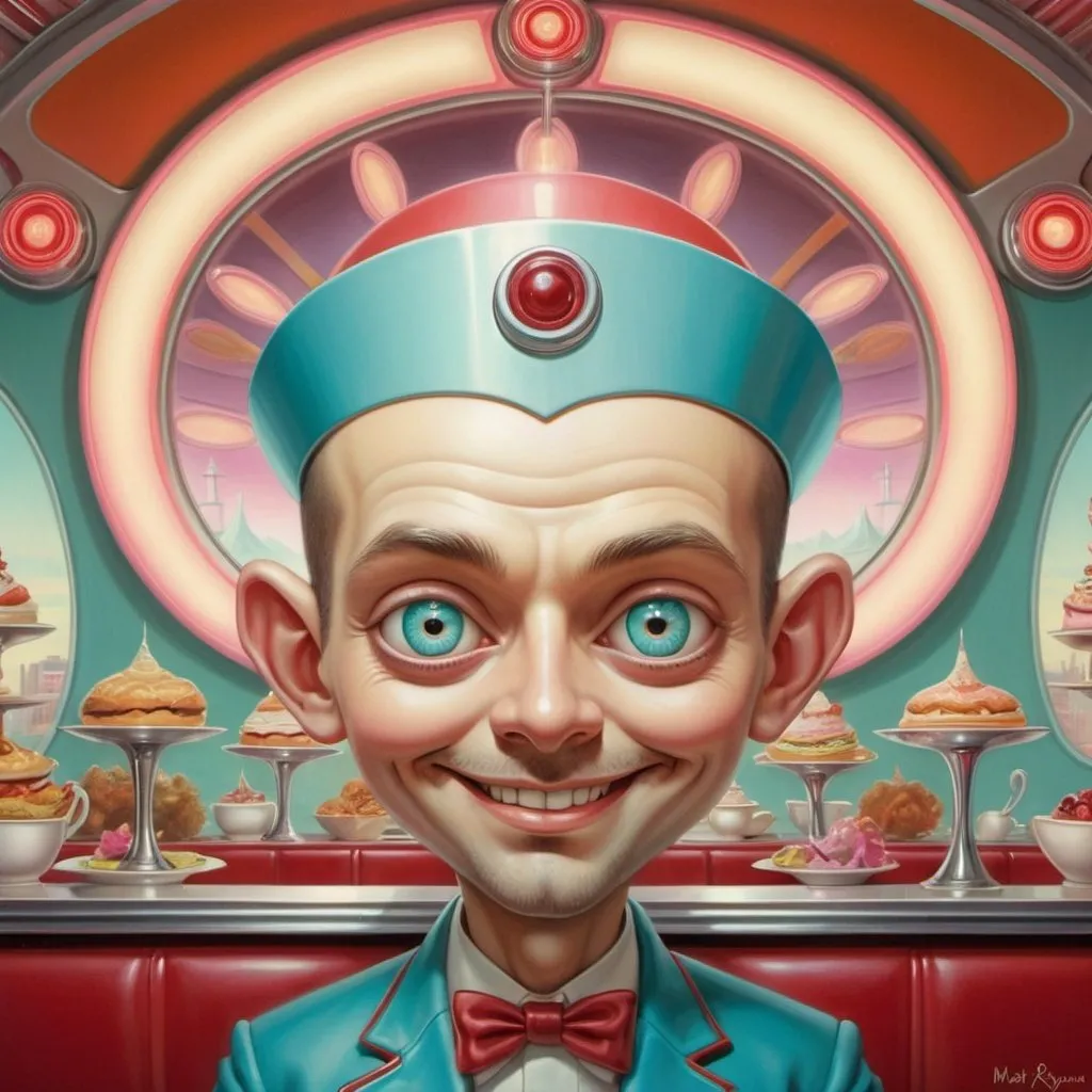 Prompt: ace portrait of hot gorgeous smiling futuristic Diner god, symmetrical eyes and face, trippy futuristic diner background, googie, psychedelic, trippy, busy, delicious, surreal, festive, by Mark Ryden, Ray Caesar