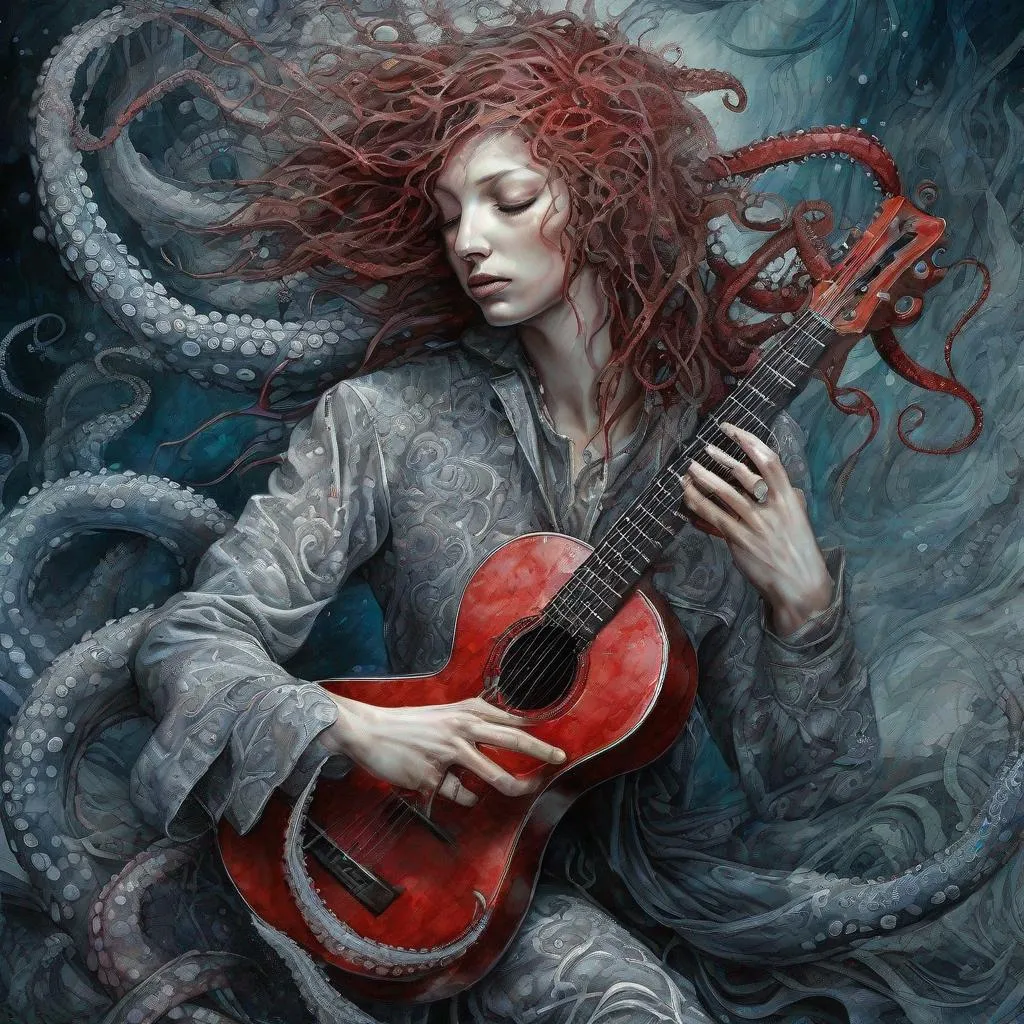 Prompt: art by cameron gray
 karol bak, Seb McKinnon,   
ultra highly detailed, detailed 
digital painting, highly detailed, intricated, intricated pose, clarity, high quality

"The octopus explain tentacles, playing guitar, grey/red, deep sea, weeping willow on the bank, intricately detailed, hyperdetailed, surreal, flowing acrylic  :: fantastical watercolour calligraphy by WLOP"
, ultra hd, realistic, vivid colors, highly detailed, UHD drawing, pen and ink, perfect composition, beautiful detailed intricate insanely detailed octane render trending on artstation, 8k artistic photography, photorealistic concept art, soft natural volumetric cinematic perfect light