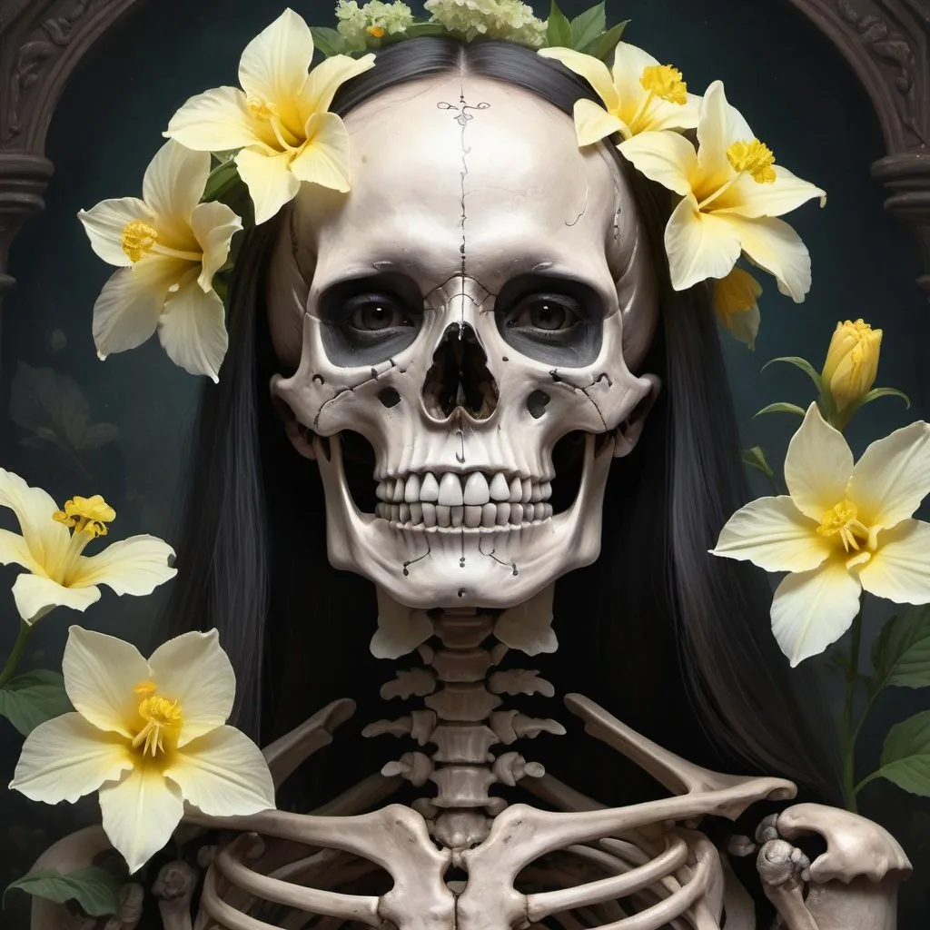 Prompt: a beautiful fine art portrait photo of skeleton, skull covered by hibiscus, daffodils, hydrangea, montsera leaves by tom bagshaw and zach sutton, very detailed, artstation, 8 k