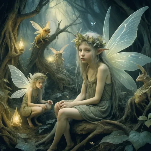 Prompt: Surreal whimsical fairies and eerie creatures occupy a dreamlike atmosphere in a close-up photograph, intricate details and magical lighting enhancing their ethereal presence, fantasy concept art by Brian Froud and Alan Lee with vibrant colors, mystical ambiance, shot on Kodak Gold 400, 8k resolution, digital painting.